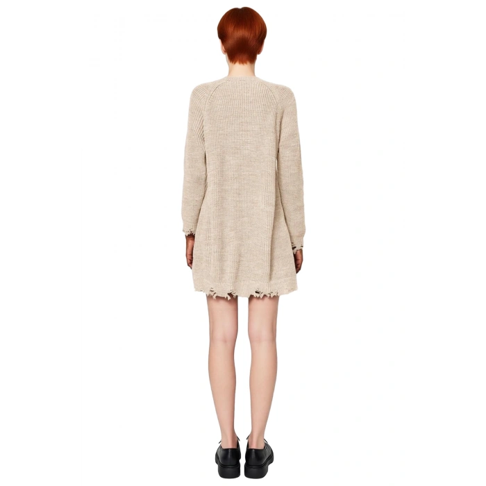 Kadın Günlük Akrilik Mini Elbise Shift Kalıp Akıtma Detaylı Bisiklet Yaka Uzun Kollu Triko Tasarım