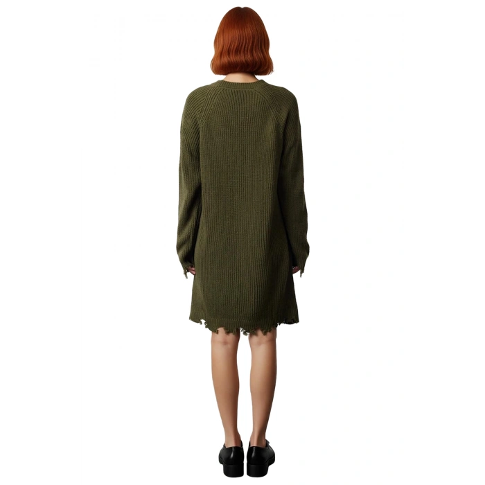 Kadın Günlük Akrilik Mini Elbise Shift Kalıp Akıtma Detaylı Bisiklet Yaka Uzun Kollu Triko Tasarım