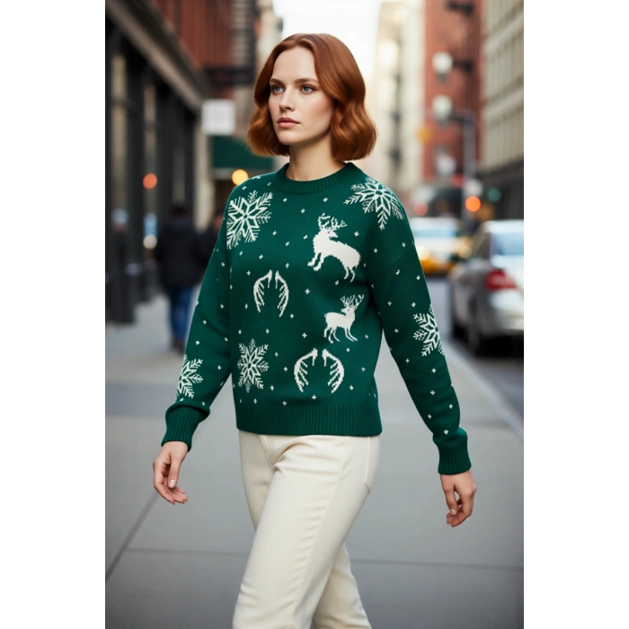 Kadın Günlük Akrilik Rahat Oversize Bisiklet Yaka Yılbaşı Desenli Triko Kışlık Kazak Kaliteli