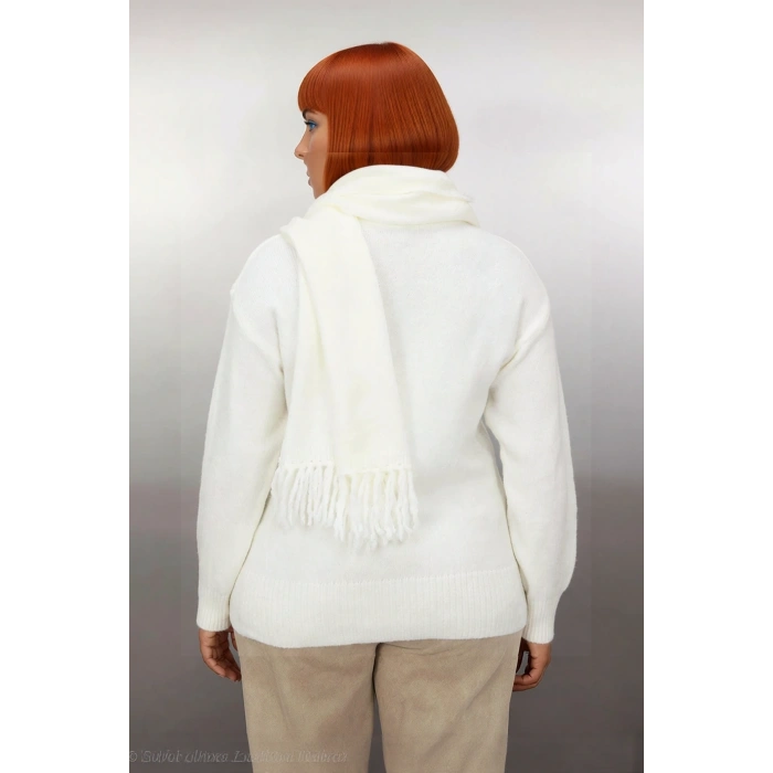 Kadın Günlük Akrilik Triko Kazak Şal Detayıyla Regular Kalıp Bisiklet Yaka Düşük Kol Kış Kaliteli