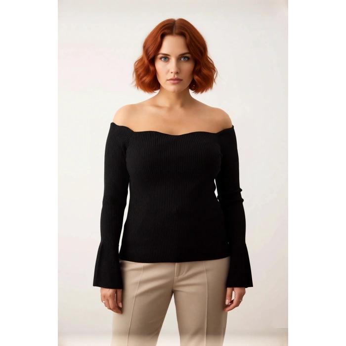 Kadın Günlük Carmen Yaka Fitilli Triko Kazak Fitted Düz Desen Uzun Reglan Kol Modern Şık Kaliteli