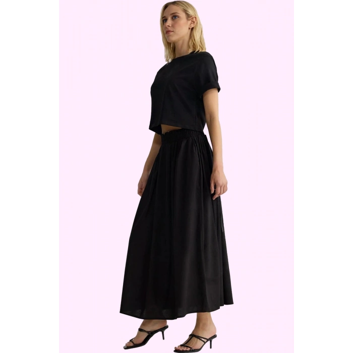 Kadın Günlük Casual Dokuma Maxi Etek Yüksek Bel Kloş Kesim Terrycotton Yaz Aylarının Vazgeçilmezi