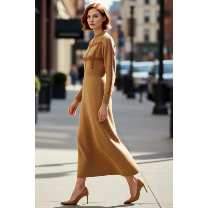 Kadın Günlük Dik Yaka Uzun Kollu Skater Maxi Triko Elbise Dantel Detayları ile Şık ve Rahat