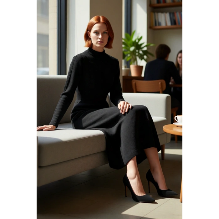 Kadın Günlük Dik Yaka Uzun Kollu Skater Maxi Triko Elbise Dantel Detayları ile Şık ve Rahat