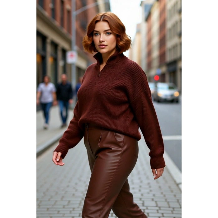 Kadın Günlük Giyim Dik Yaka Fermuar Detaylı Düz Triko Kazak Uzun Kollu Akrilik Orta Kalınlık