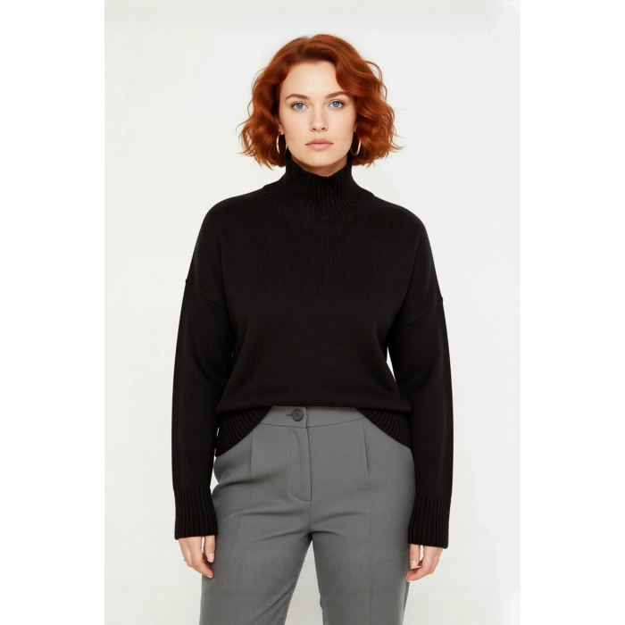 Kadın Günlük Giyim Düşük Kol Dik Yaka Triko Kazak Relaxed Kalıp Akrilik Malzeme Sıcak Tutuş