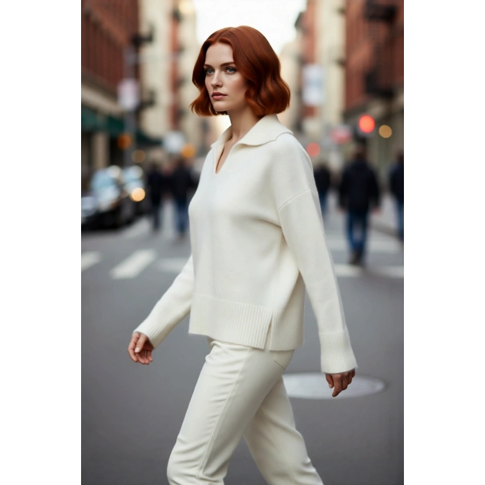 Kadın Günlük Giyim Oversize Kalıp Düşük Kol Triko Kazak Polo Yaka Modern Şıklık Sunan Kışlık Ürün