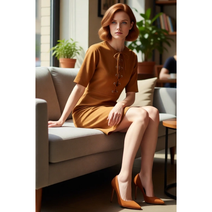 Kadın Günlük Kombinler İçin Düz Desen Kısa Kollu Bisiklet Yaka Mini Elbise Polyester Elastan