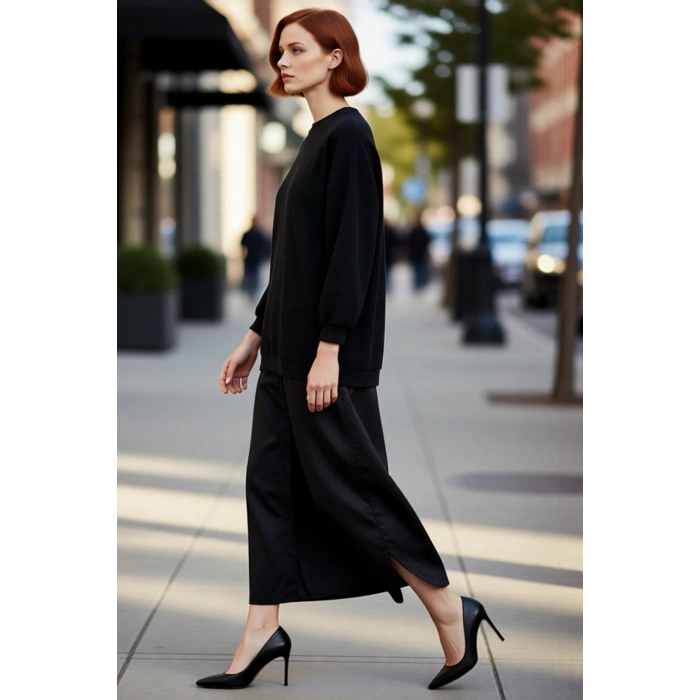 Kadın Günlük Kullanım İçin Dokuma Detaylı Maxi T shirt Elbise Örme Kumaş Düz Desen Uzun Kollu