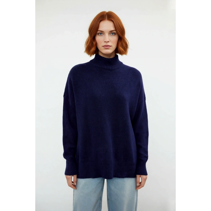 Kadın Günlük Oversize Düşük Kol Dik Yaka Uzun Triko Kazak Kışlık Şık Basic Rahatlık Sunar Kaliteli