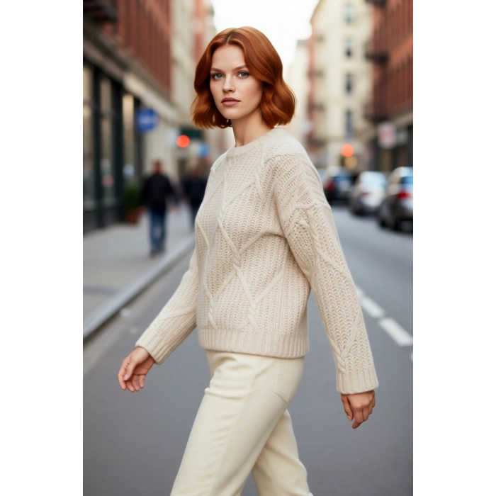 Kadın Günlük Oversize Kesim Saç Örgüsü Desenli Triko Kazak Kış Sonbahar İçin Bisiklet Yaka