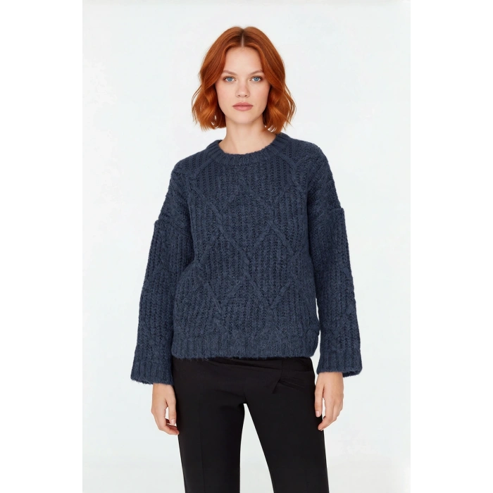 Kadın Günlük Oversize Kesim Saç Örgüsü Desenli Triko Kazak Kış Sonbahar İçin Bisiklet Yaka