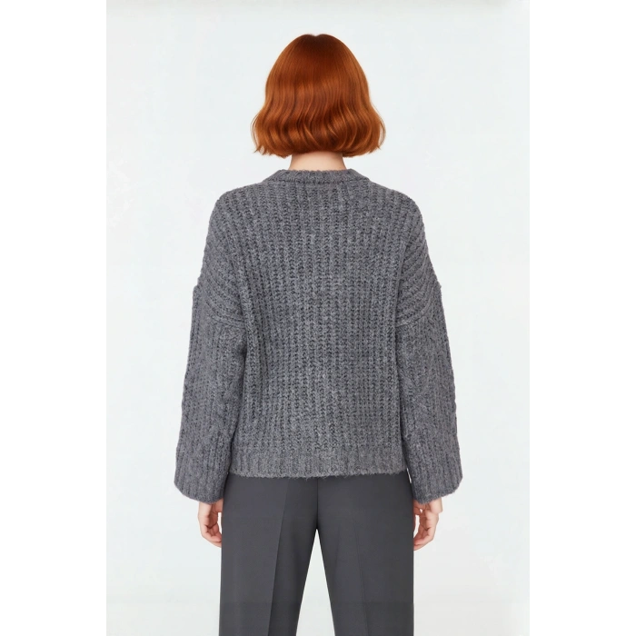 Kadın Günlük Oversize Kesim Saç Örgüsü Desenli Triko Kazak Kış Sonbahar İçin Bisiklet Yaka