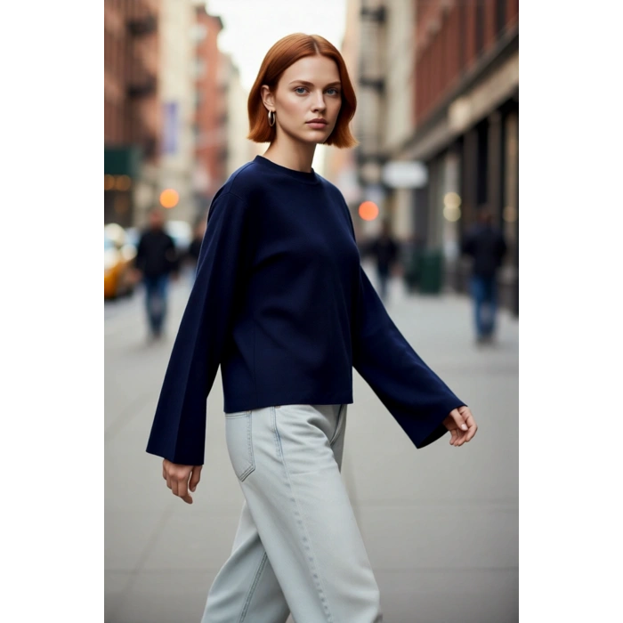 Kadın Günlük Rahat Bisiklet Yaka Basic Regular Kesim İspanyol Kollu Triko Kazak Kış Gardırobu