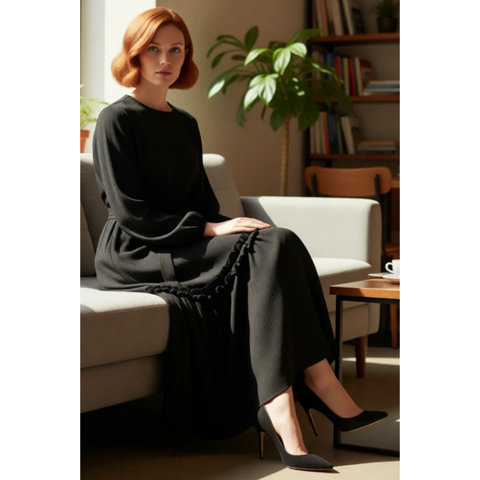 Kadın Günlük Rahat Dokuma Crinkle Düz Desen A Line Maxi Elbise Kuşak Detaylı Klasik Yaka Kaliteli