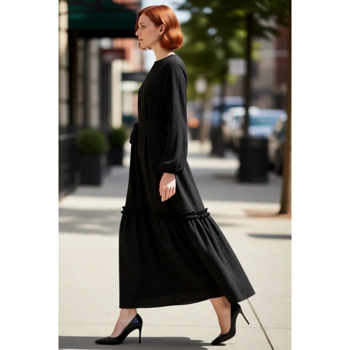 Kadın Günlük Rahat Dokuma Crinkle Düz Desen A Line Maxi Elbise Kuşak Detaylı Klasik Yaka Kaliteli