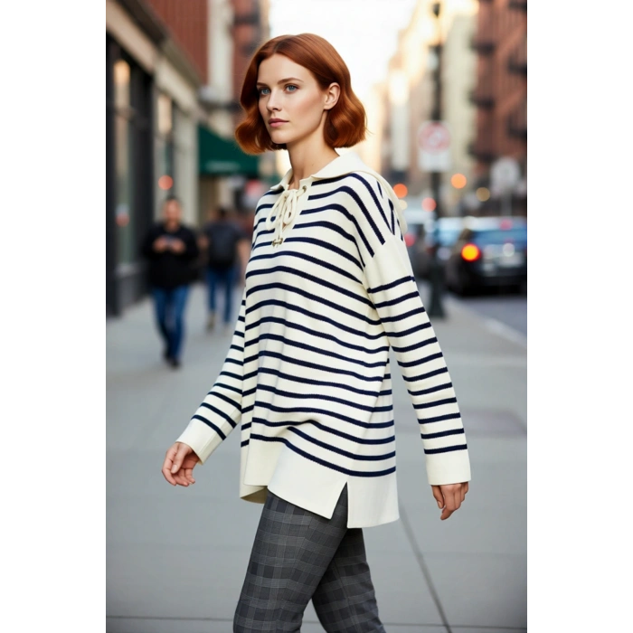 Kadın Günlük Relaxed Kalıp Çizgili Bağcıklı Yaka Triko Kazak Konforlu ve Şık Bir Tarz Sunar