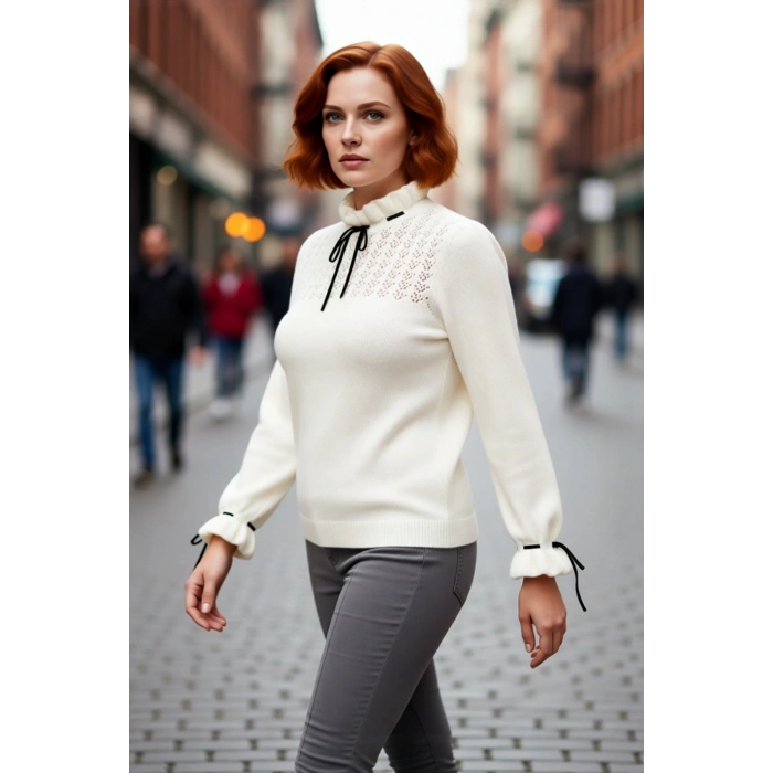 Kadın Günlük Şık Dik Yaka Ajurlu Triko Kazak Yumuşak Dokulu Düşük Kol Uzun Kollu Rahat Giysi