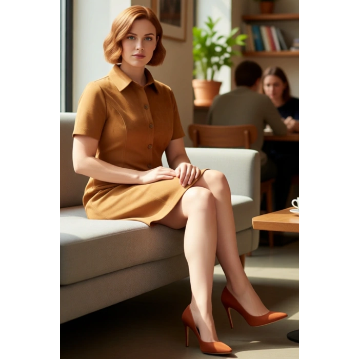 Kadın Günlük Şık Gömlek Yaka Kahverengi Dokuma A line Kısa Elbise Polyester Elastan Karışımı