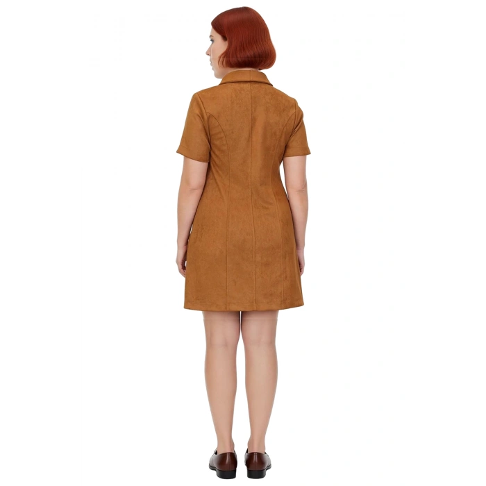 Kadın Günlük Şık Gömlek Yaka Kahverengi Dokuma A line Kısa Elbise Polyester Elastan Karışımı