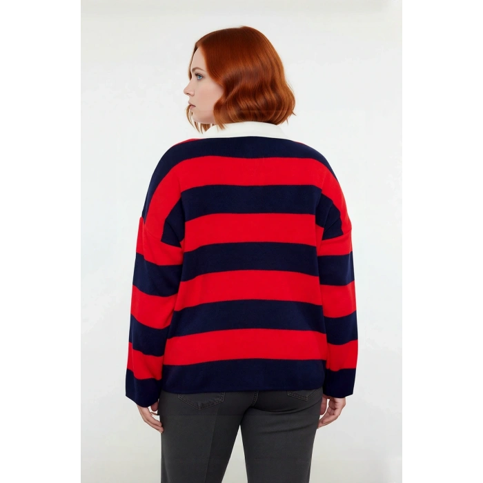 Kadın Günlük Şık Polo Yaka Çizgili Triko Kazak Relaxed Kalıp Düşük Kol Kış Sezonu Şıklığı Kaliteli