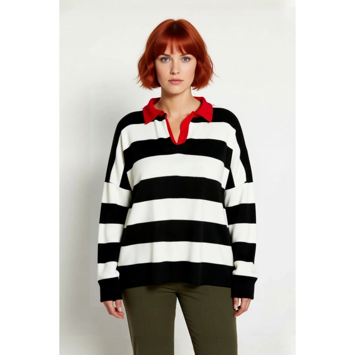 Kadın Günlük Şık Polo Yaka Çizgili Triko Kazak Relaxed Kalıp Düşük Kol Kış Sezonu Şıklığı Kaliteli