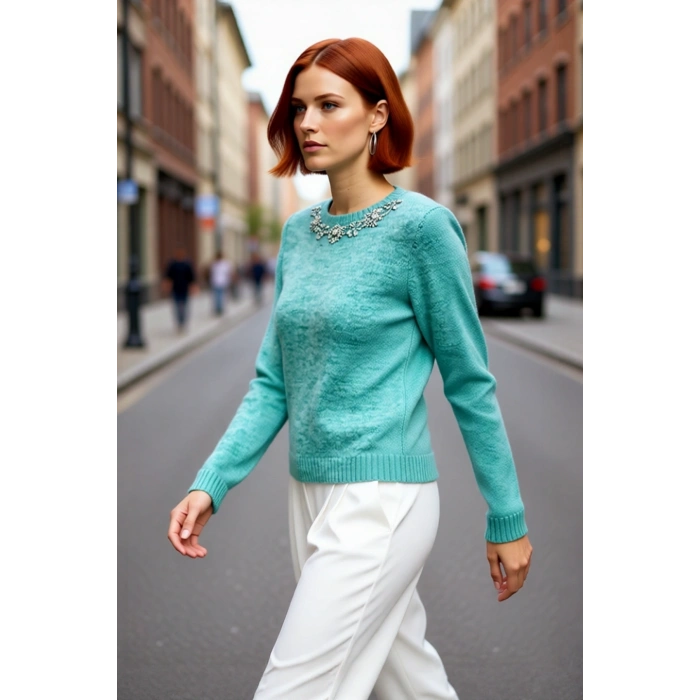 Kadın Günlük Şık Taş Detaylı Bisiklet Yaka Regular Kalıp İnce Dokulu Uzun Kollu Triko Kazak