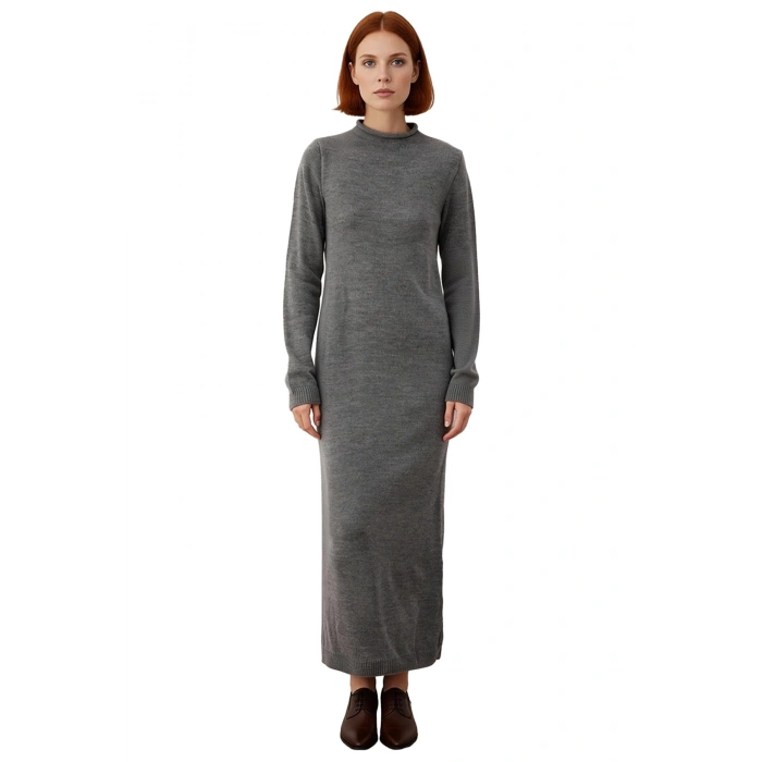 Kadın Günlük Şık Triko Maxi Elbise Uzun Kollu Dik Yaka Düz Akrilik Kumaş Rahat Shift Kalıp Tek Plaka