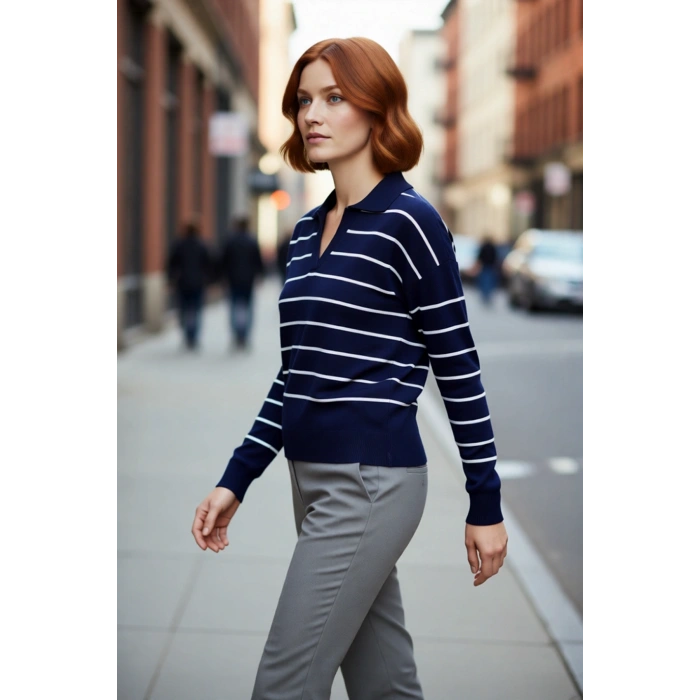Kadın Günlük Şıklık İçin Lacivert Çizgili Polo Yaka Akrilik Triko Kazak Uzun Düşük Kol Rahat