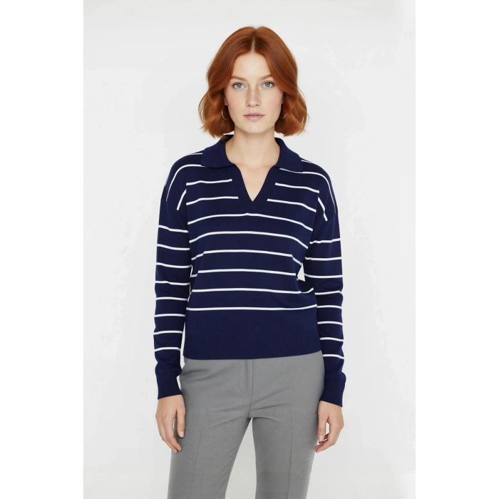 Kadın Günlük Şıklık İçin Lacivert Çizgili Polo Yaka Akrilik Triko Kazak Uzun Düşük Kol Rahat
