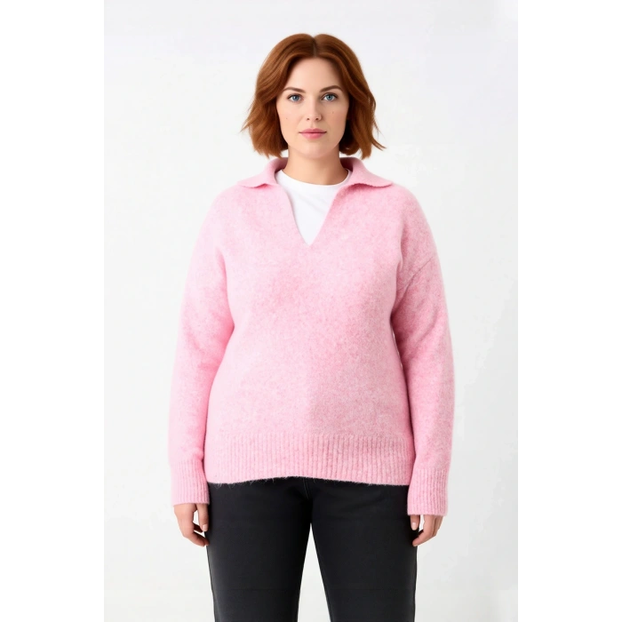 Kadın Günlük Stilinize Zarafet Katacak Regular Kalıp Polo Yaka Düz Desen Triko Kazak Kaliteli