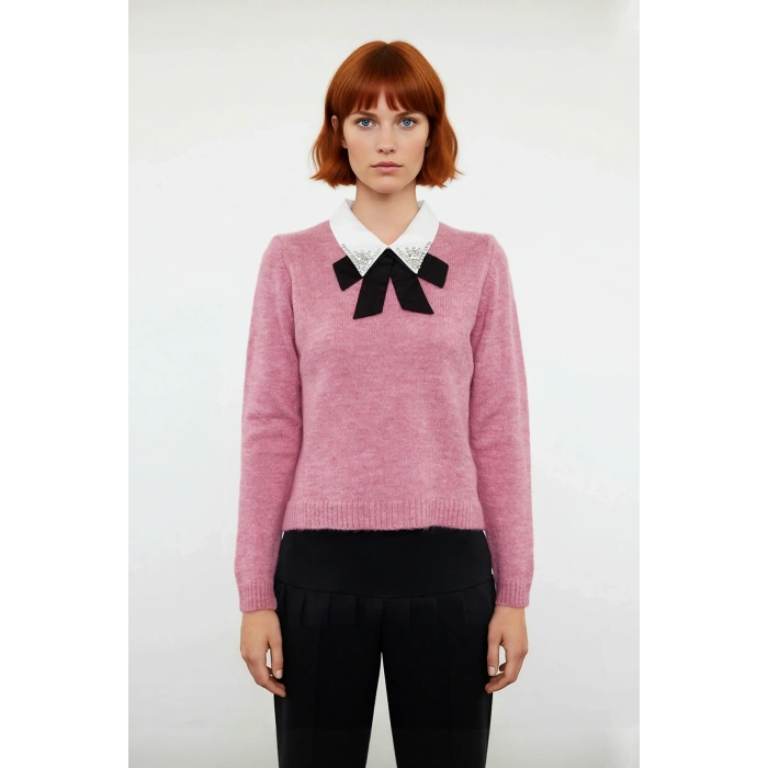 Kadın Günlük Ve Ofis Şıklığı İçin Regular Kalıp Taşlı Triko Kazak Tek Plaka Dokuma Rahatlığında