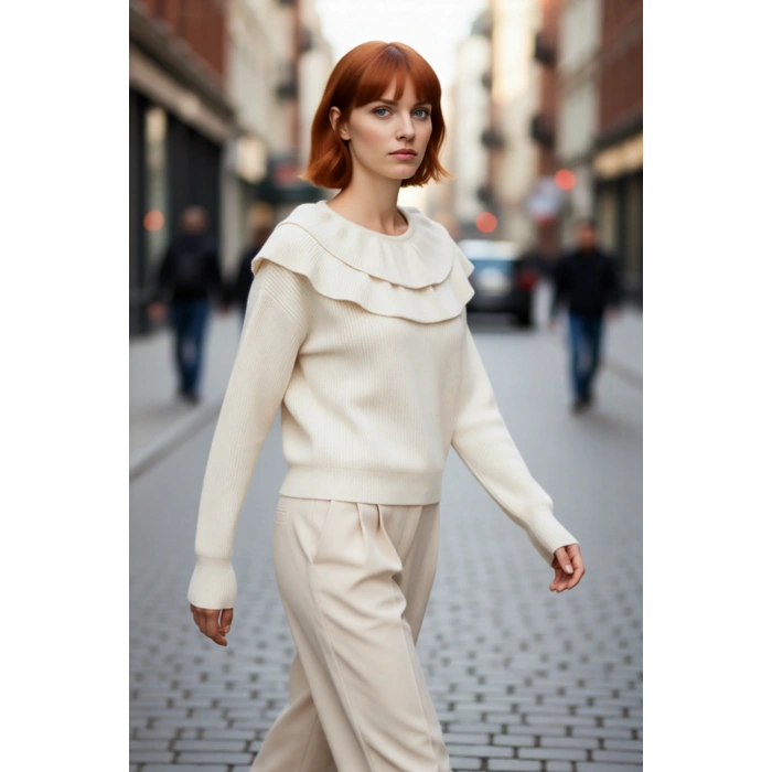 Kadın Günlük ve Şık Uzun Kollu Triko Kazak Fırfır Yaka Detaylı Akrilik Karışım Konfor Kaliteli