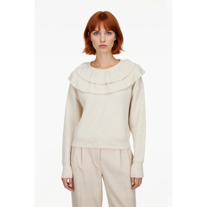 Kadın Günlük ve Şık Uzun Kollu Triko Kazak Fırfır Yaka Detaylı Akrilik Karışım Konfor Kaliteli