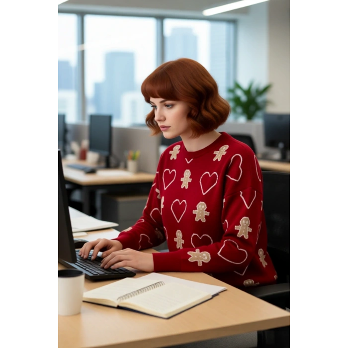 Kadın Günlük Yılbaşı Desenli Uzun Kollu Bisiklet Yaka Regular Kalıp Akrilik Triko Kazak Kaliteli