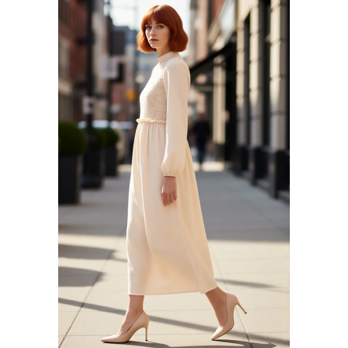 Kadın Güpür Detaylı A Kesim Maxi Boy Dokuma Elbise Standart Kollu Dik Yaka Zarif Tasarım Kaliteli