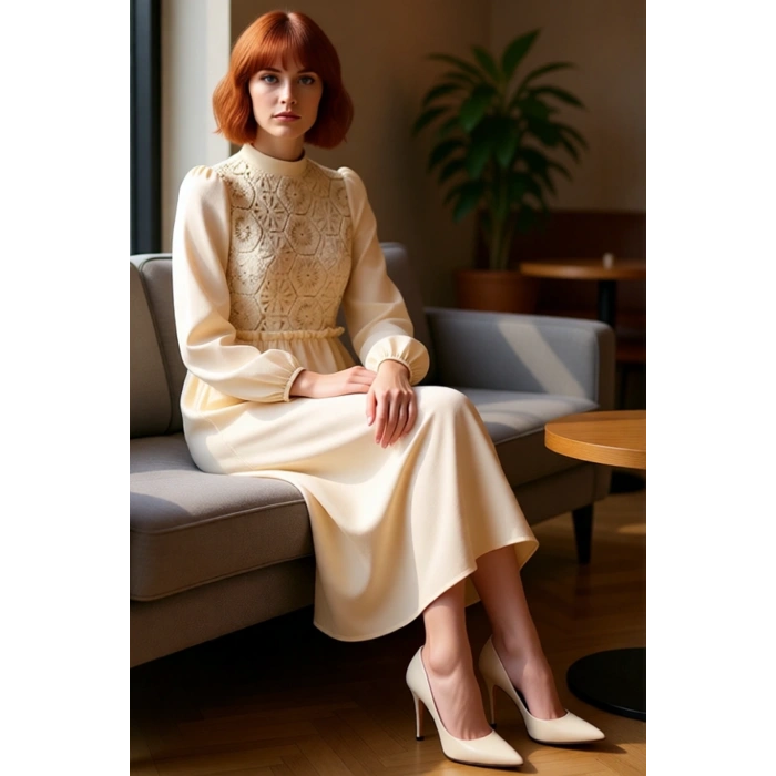 Kadın Güpür Detaylı A Kesim Maxi Boy Dokuma Elbise Standart Kollu Dik Yaka Zarif Tasarım Kaliteli