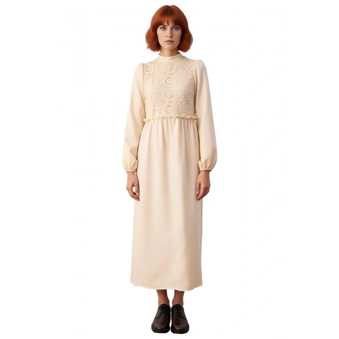 Kadın Güpür Detaylı A Kesim Maxi Boy Dokuma Elbise Standart Kollu Dik Yaka Zarif Tasarım Kaliteli