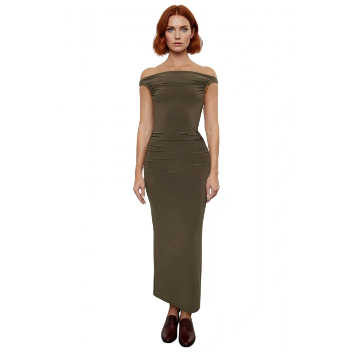 Kadın Haki Carmen Yaka Bodycon Maxi Elbise Özel Davetler İçin Şık Ve Modern Tasarım Fashion Forward