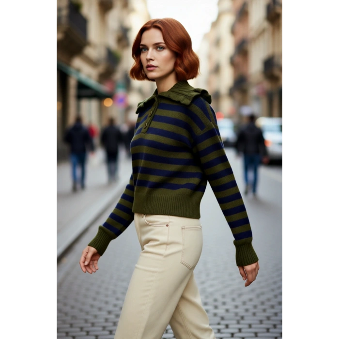 Kadın Haki Çizgili Devrik Yaka Crop Triko Kazak Düşük Kollu Rahat Kışlık Basic Model Kaliteli