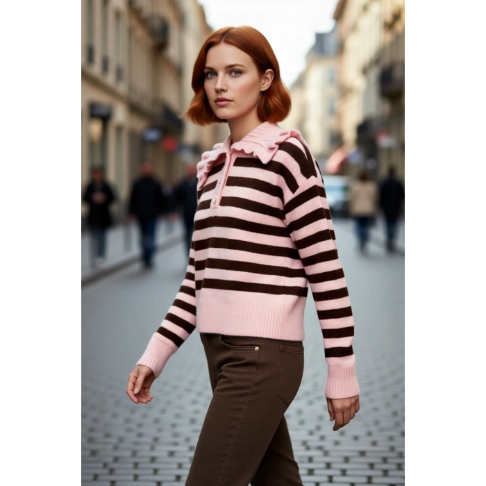 Kadın Haki Çizgili Devrik Yaka Crop Triko Kazak Düşük Kollu Rahat Kışlık Basic Model Kaliteli