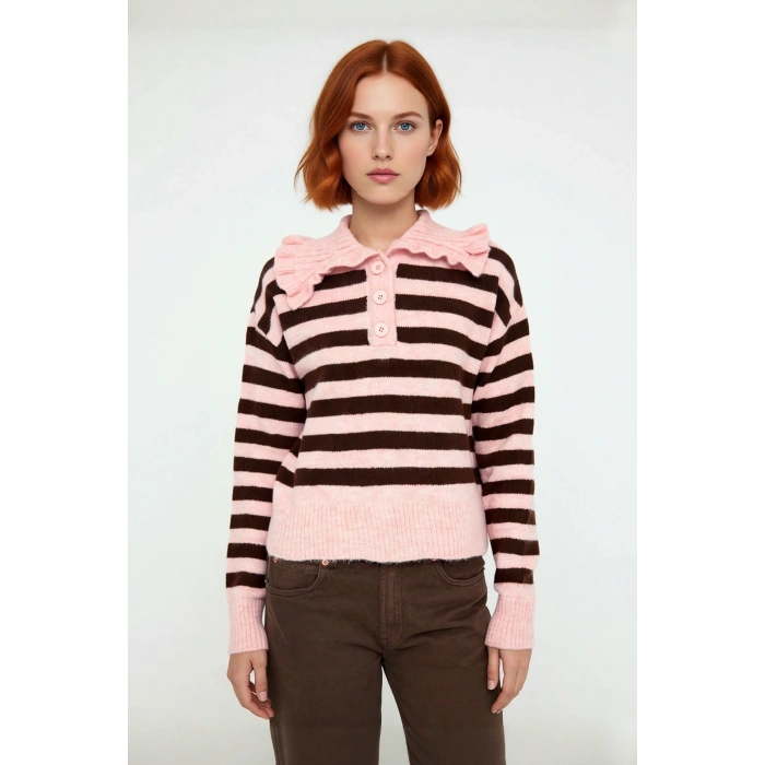 Kadın Haki Çizgili Devrik Yaka Crop Triko Kazak Düşük Kollu Rahat Kışlık Basic Model Kaliteli