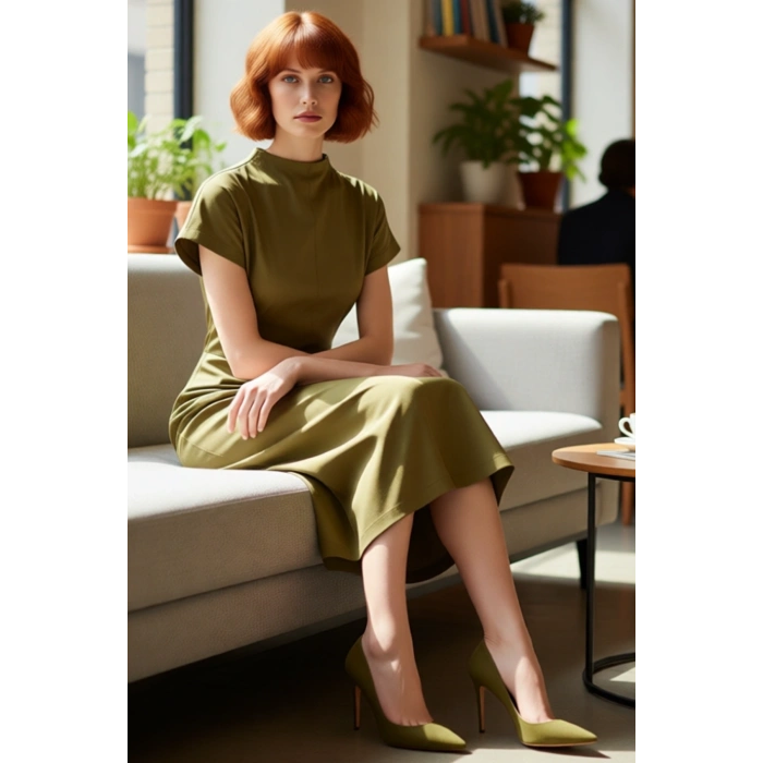 Kadın Haki Dik Yaka Düz Süet Örme Midi Elbise Düşük Kollu ve Büzgülü Detaylı Günlük Kullanım İçin