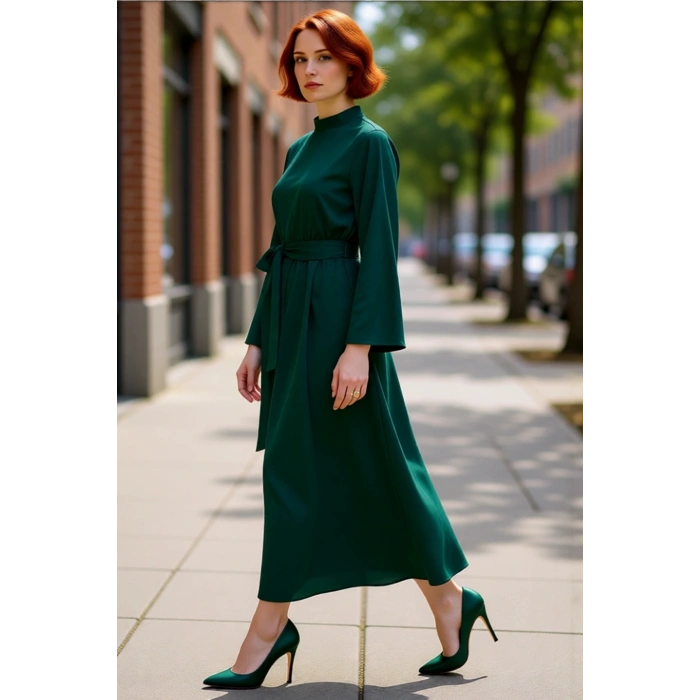 Kadın Haki Dik Yaka Kuşaklı Skater Dokuma Maxi Boy Elbise Uzun İspanyol Kollu Günlük Şıklık