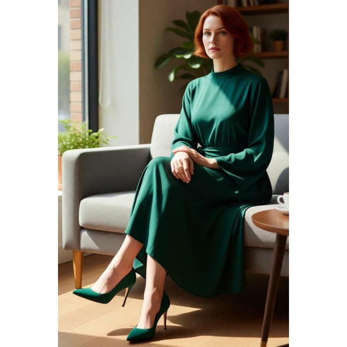 Kadın Haki Dik Yaka Kuşaklı Skater Dokuma Maxi Boy Elbise Uzun İspanyol Kollu Günlük Şıklık