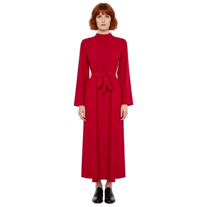 Kadın Haki Dik Yaka Kuşaklı Skater Dokuma Maxi Boy Elbise Uzun İspanyol Kollu Günlük Şıklık