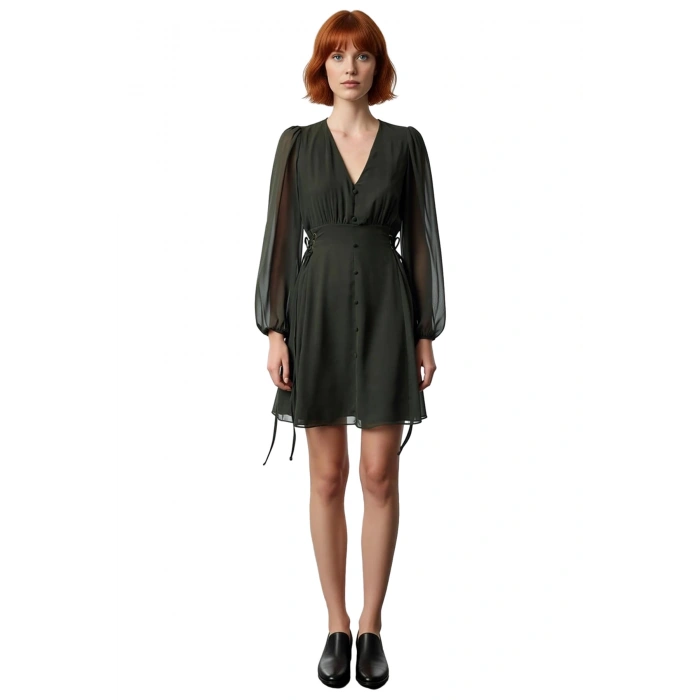 Kadın Haki Düz Desen Astarlı Balon Kol V Yaka Mini Elbise Şifon Dokuma Kumaş Kalitesiyle Kaliteli