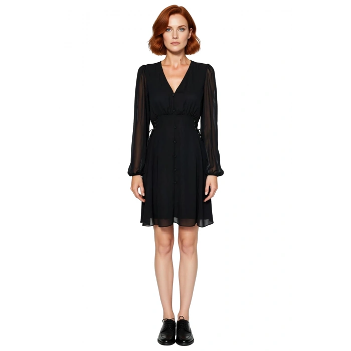 Kadın Haki Düz Desen Astarlı Balon Kol V Yaka Mini Elbise Şifon Dokuma Kumaş Kalitesiyle Kaliteli