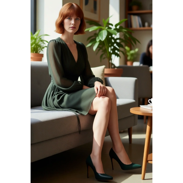 Kadın Haki Düz Desen Astarlı Balon Kol V Yaka Mini Elbise Şifon Dokuma Kumaş Kalitesiyle Kaliteli