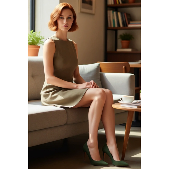 Kadın Haki Düz Süet Dokulu Nervürlü Skater Mini Elbise Bisiklet Yaka Kolsuz Tasarım Kaliteli